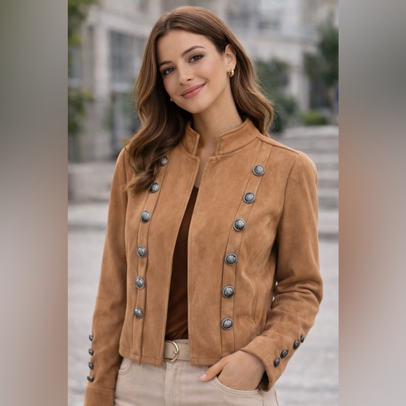 unknown Jackets & Blazers - Women's Tan Faux Suede Open Front Button Detail Blazer Jacket Size Medium